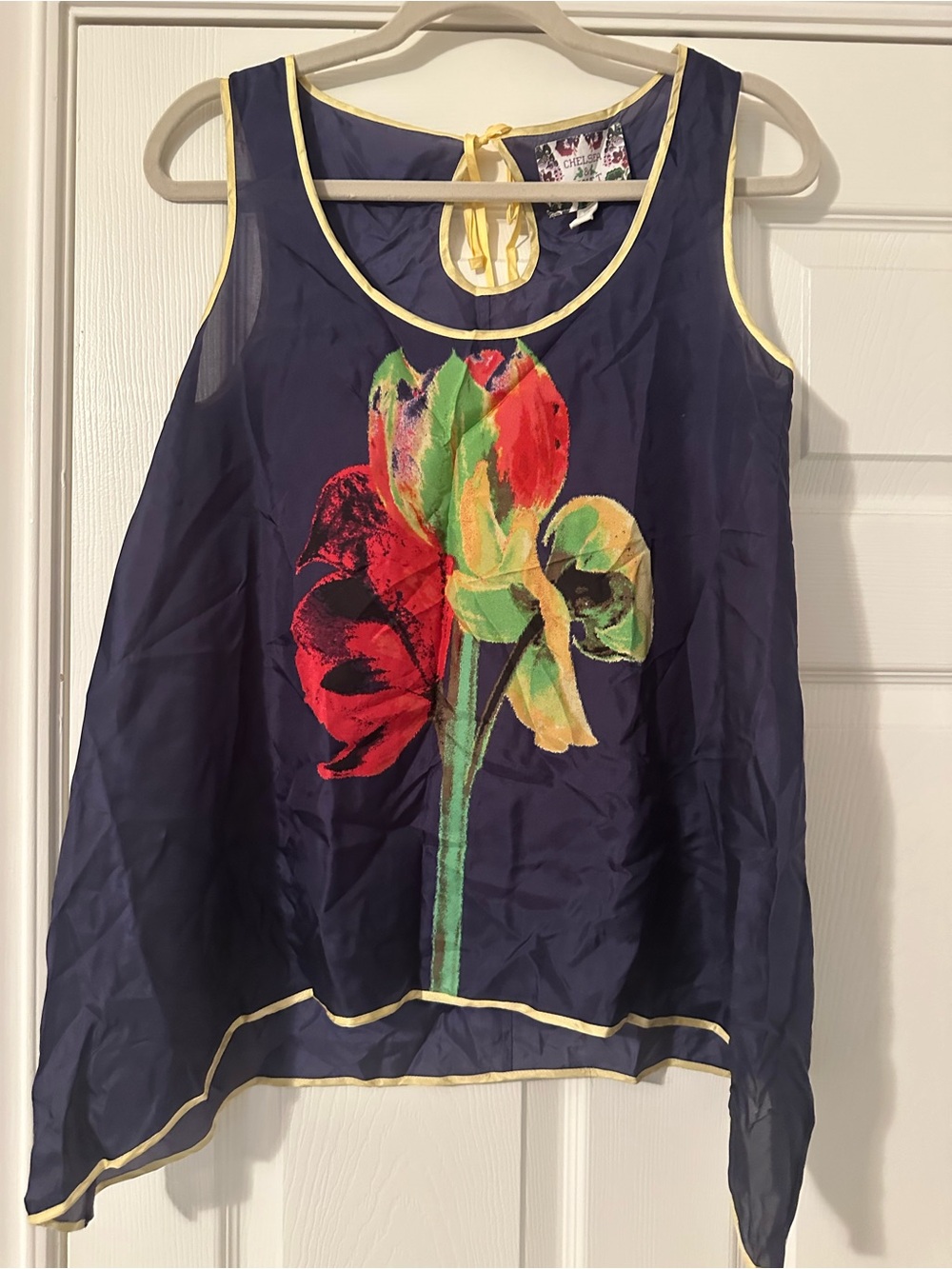 Chelsea & Violet Navy Floral Sleeveless Shell with Yellow Trim
